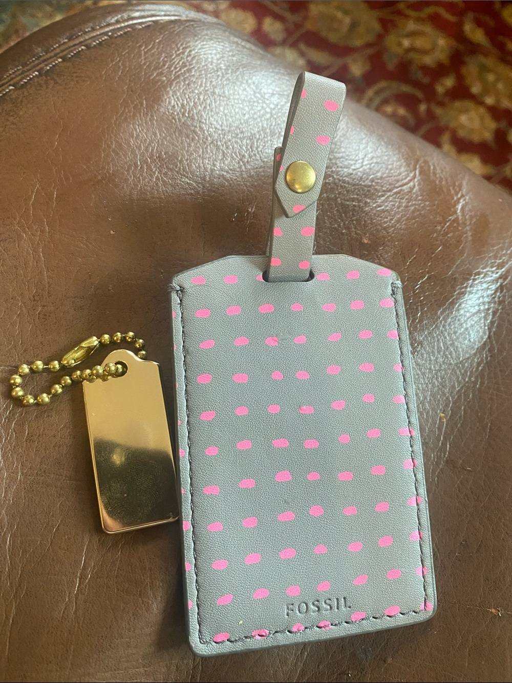 Coach bag charm and Fossil Gray Leather ID Tag with Pink Polka Dots - Picture 2 of 6